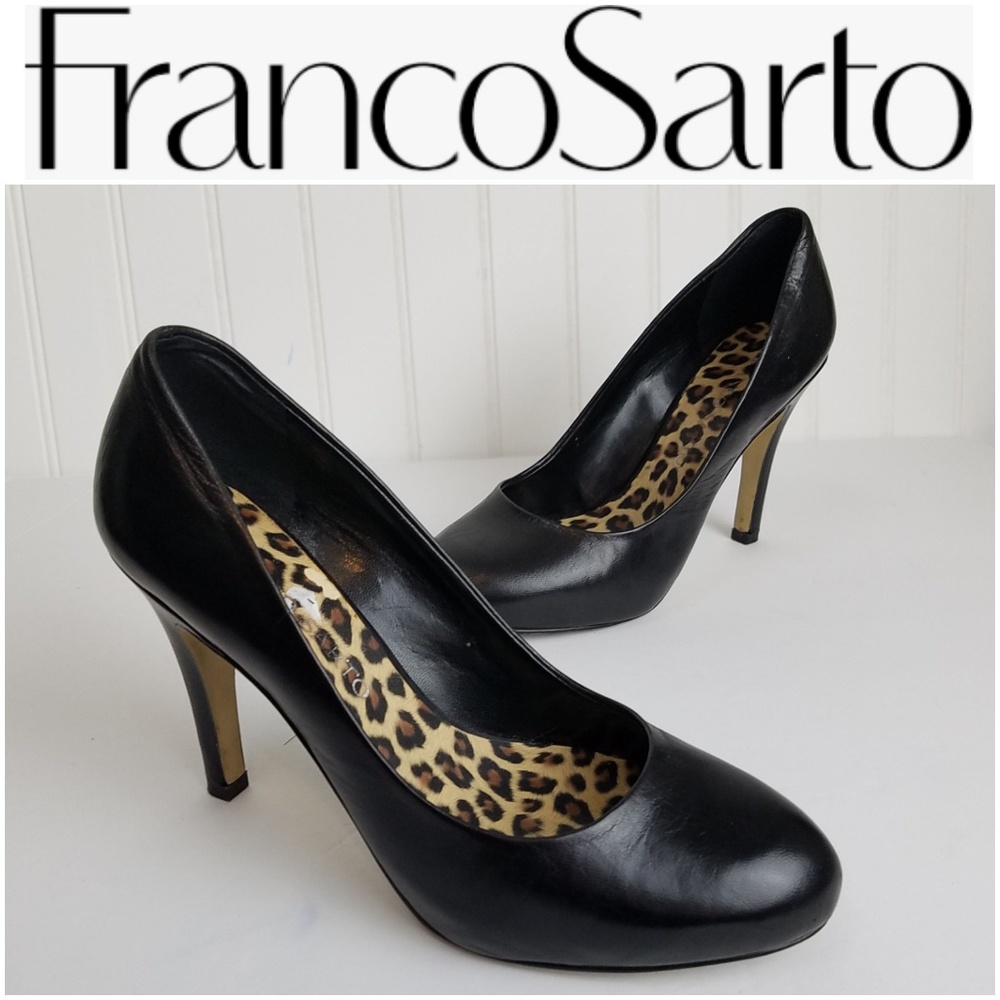 Franco Sarto Warren Black Round Toe Heels Leaopard